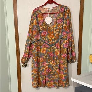 Rusttydustty Floral Long Sleeve Dress in Pink and Gray Size 2XL